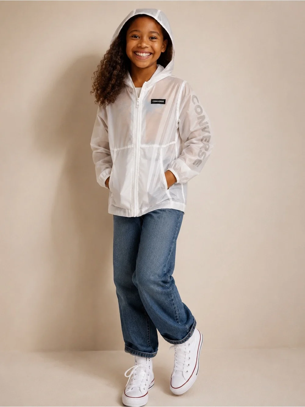 Converse Sheer White Hooded Windbreaker Jacket Youth Medium 10 NWT Rare